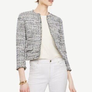 Petite Grid Fringe Tweed Open Jacket